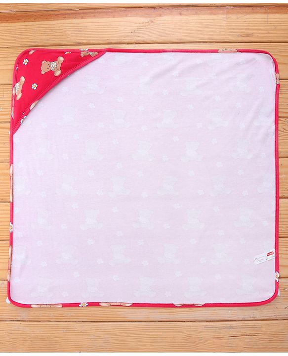 Babyhug Cotton Knit Hooded  Wrapper With Animal Print  L 76.5 x B 76.5 cm - Red
