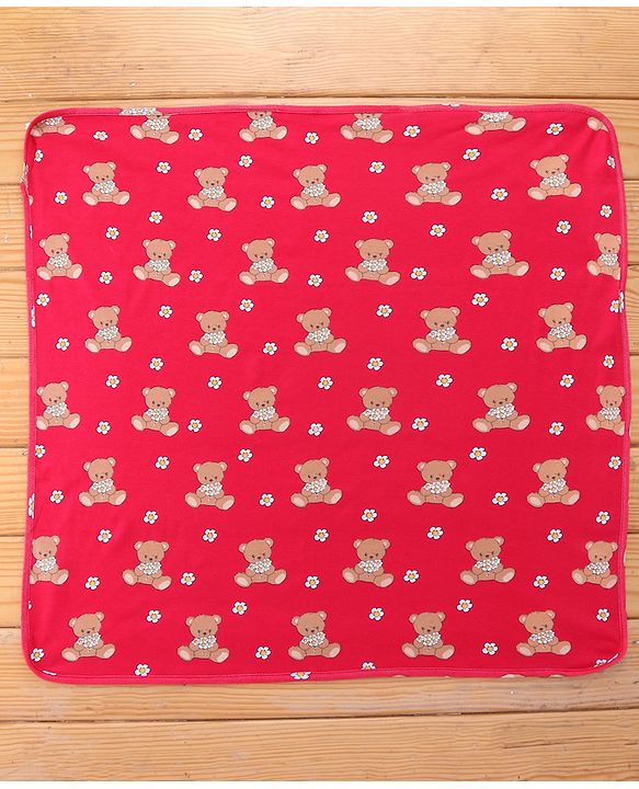 Babyhug Cotton Knit Hooded  Wrapper With Animal Print  L 76.5 x B 76.5 cm - Red