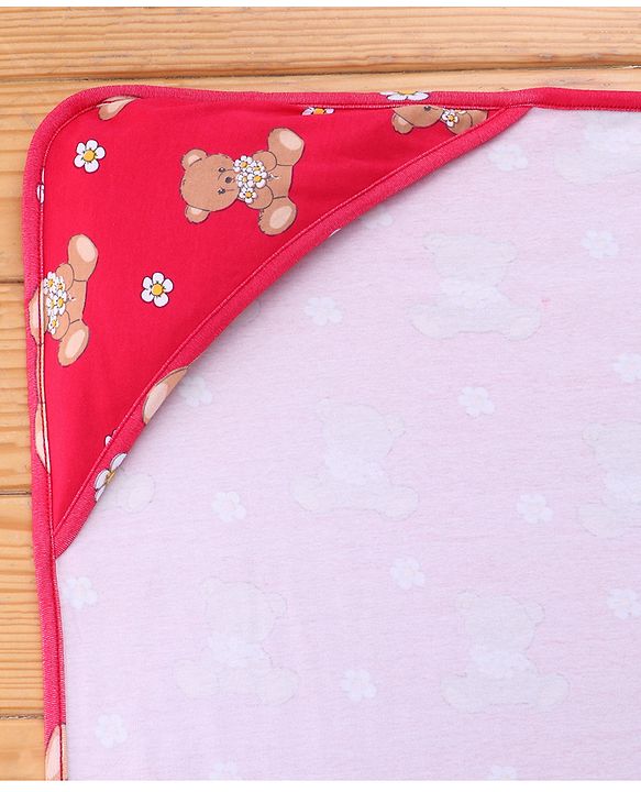 Babyhug Cotton Knit Hooded  Wrapper With Animal Print  L 76.5 x B 76.5 cm - Red