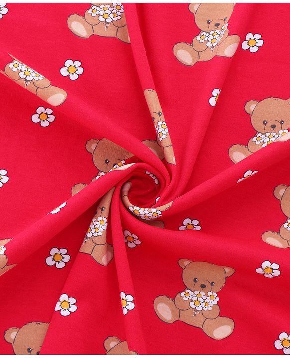 Babyhug Cotton Knit Hooded  Wrapper With Animal Print  L 76.5 x B 76.5 cm - Red
