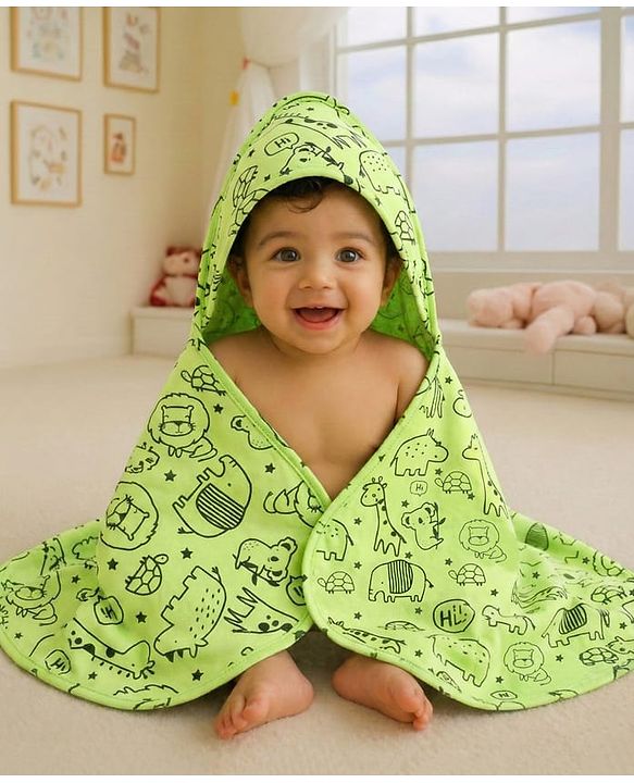 Babyhug Cotton Knit Hooded  Wrapper With Animal Print  L 76.5 x B 76.5 cm - Red
