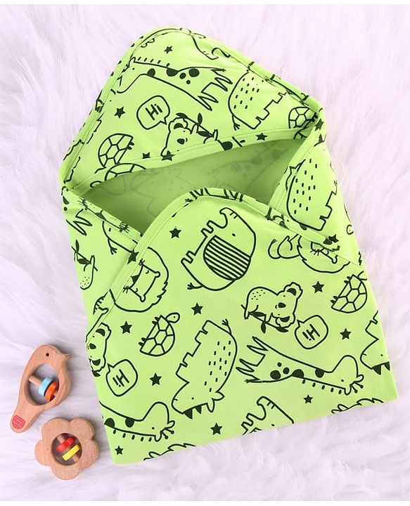 Babyhug Cotton Knit Hooded  Wrapper With Animal Print  L 76.5 x B 76.5 cm - Red