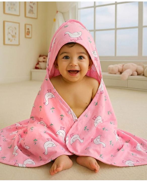 Babyhug Cotton Knit Hooded  Wrapper With Animal Print  L 76.5 x B 76.5 cm - Red