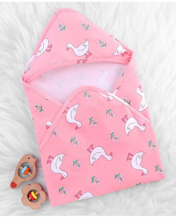 Babyhug Cotton Knit Hooded  Wrapper With Animal Print  L 76.5 x B 76.5 cm - Red