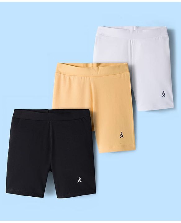 Pine Kids Cotton Lycra Knit Above Knee Length Solid Cycling Shorts Pack of 3 - Tan White & Black