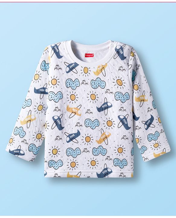 Babyhug Quilted Knit Full Sleeves Winter Wear Co-ords Night Suit With Vehicle Print - White