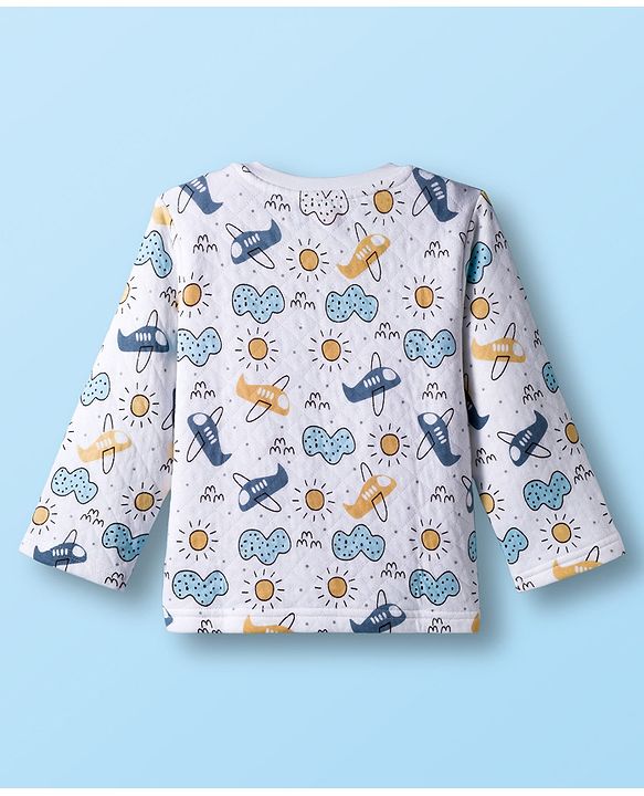 Babyhug Quilted Knit Full Sleeves Winter Wear Co-ords Night Suit With Vehicle Print - White