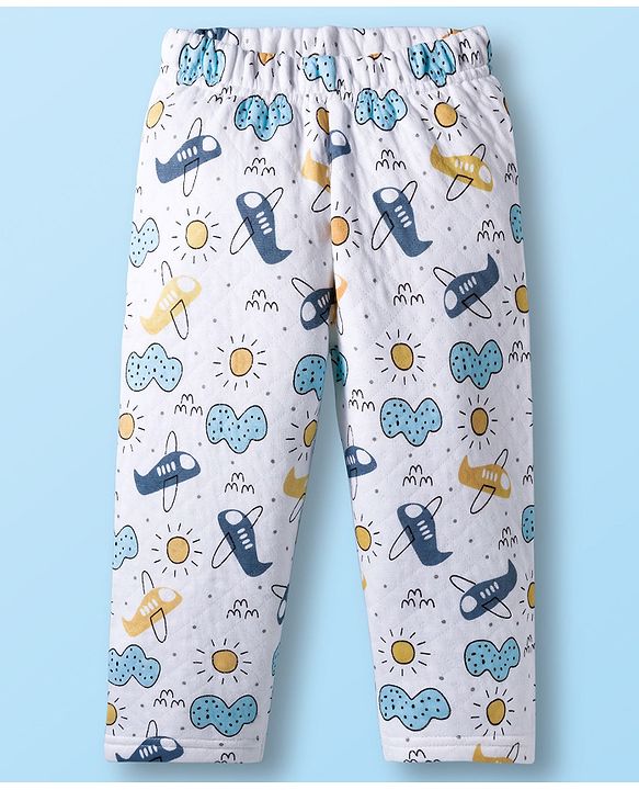 Babyhug Quilted Knit Full Sleeves Winter Wear Co-ords Night Suit With Vehicle Print - White