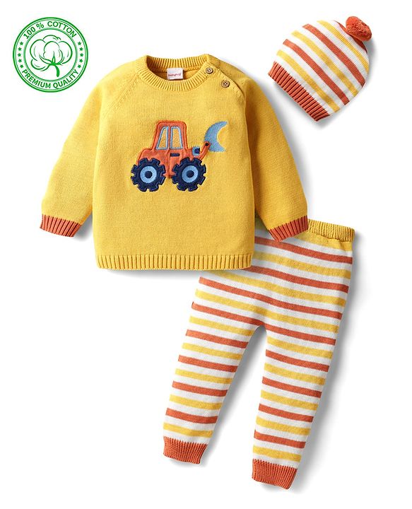 Babyhug Organic Cotton Knit Full Sleeves Vehicles Embroidered Pullover Sweater Set With Stripes & Cap - Mustard
