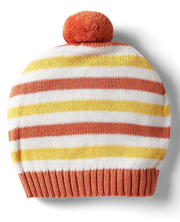 Babyhug Organic Cotton Knit Full Sleeves Vehicles Embroidered Pullover Sweater Set With Stripes & Cap - Mustard