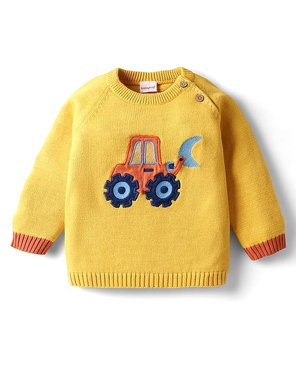 Babyhug Organic Cotton Knit Full Sleeves Vehicles Embroidered Pullover Sweater Set With Stripes & Cap - Mustard
