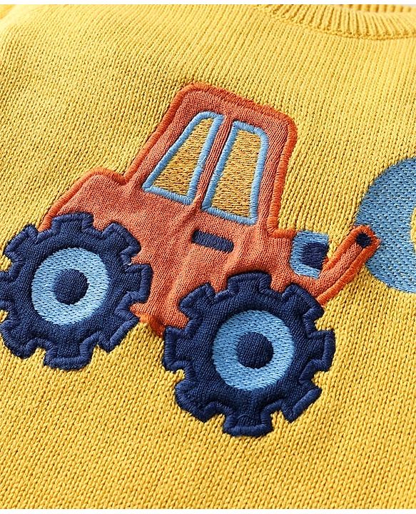 Babyhug Organic Cotton Knit Full Sleeves Vehicles Embroidered Pullover Sweater Set With Stripes & Cap - Mustard