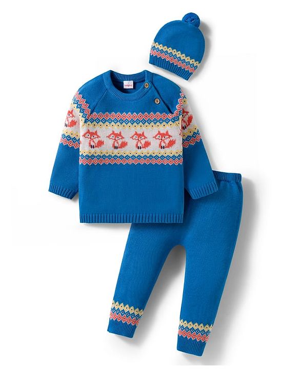 Babyhug Organic Cotton Knitted Full Raglan Sleeves Sweater Set With Fox Design & Cap - Blue