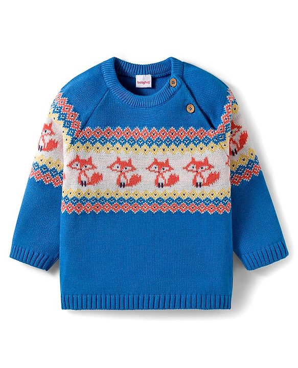 Babyhug Organic Cotton Knitted Full Raglan Sleeves Sweater Set With Fox Design & Cap - Blue