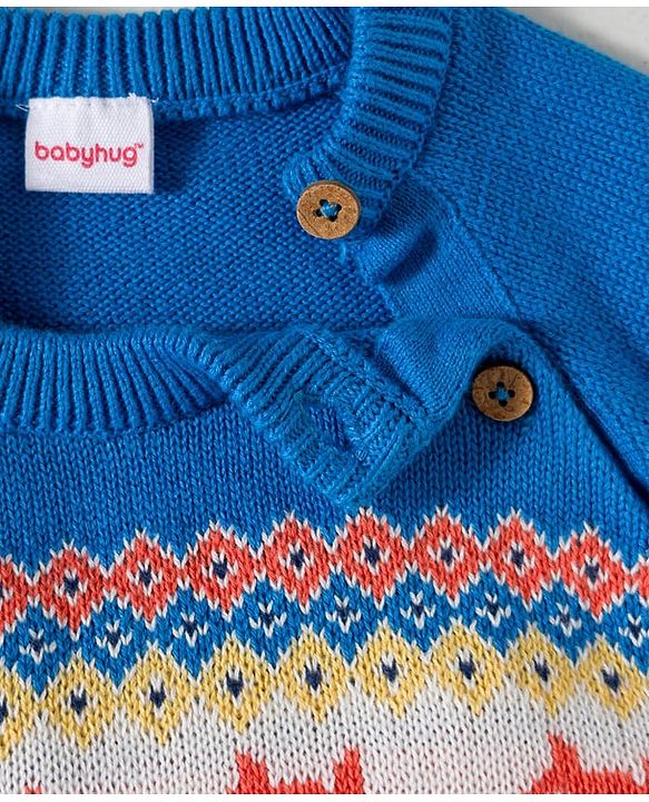 Babyhug Organic Cotton Knitted Full Raglan Sleeves Sweater Set With Fox Design & Cap - Blue