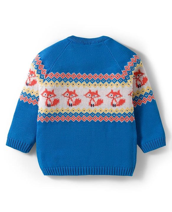 Babyhug Organic Cotton Knitted Full Raglan Sleeves Sweater Set With Fox Design & Cap - Blue