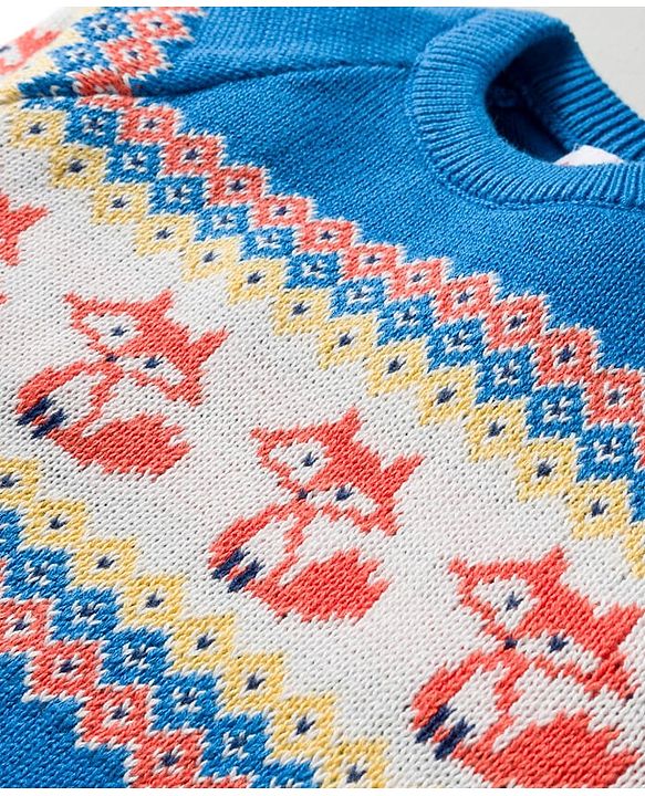 Babyhug Organic Cotton Knitted Full Raglan Sleeves Sweater Set With Fox Design & Cap - Blue