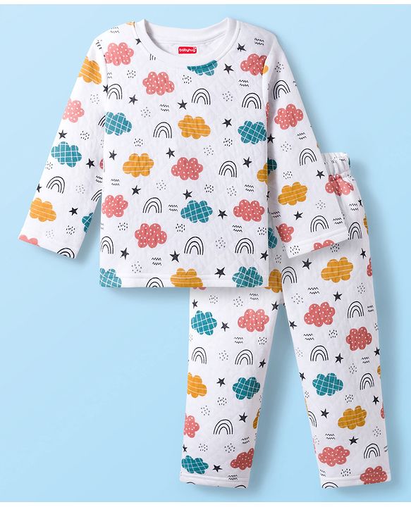 Babyhug Quilted Knit Full Sleeves Winter Wear Co-Ords Night Suit With Cloud Print - White