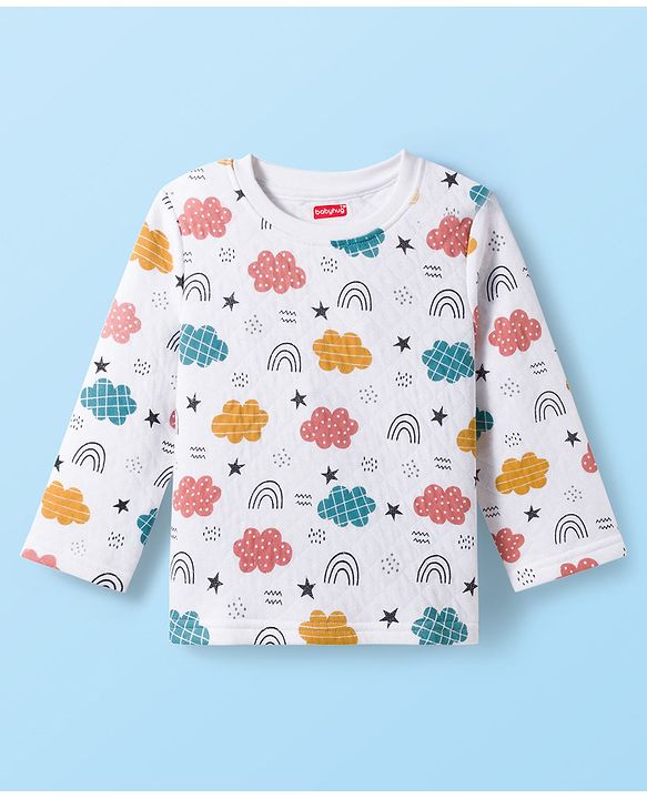 Babyhug Quilted Knit Full Sleeves Winter Wear Co-Ords Night Suit With Cloud Print - White