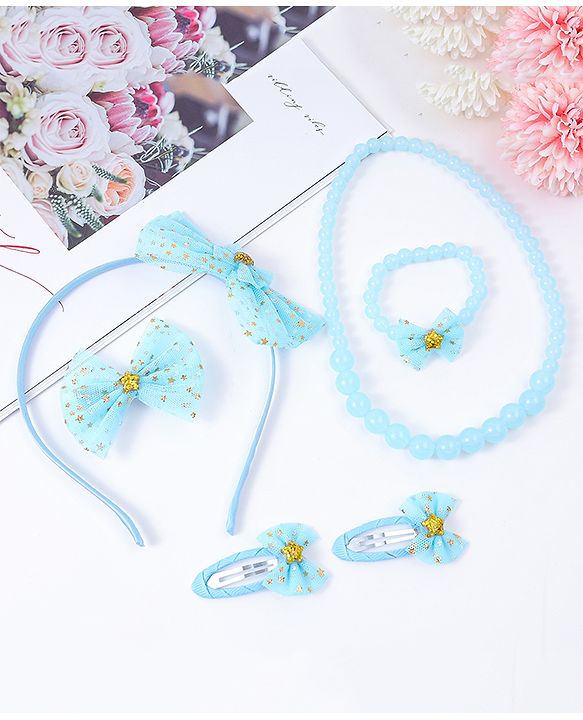 Pine Kids Hair Accessories Combo Set With Bow Applique Free Size Pack of 6 - Aqua Blue