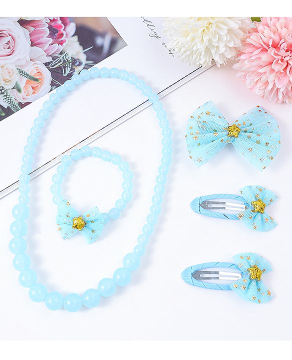 Pine Kids Hair Accessories Combo Set With Bow Applique Free Size Pack of 6 - Aqua Blue