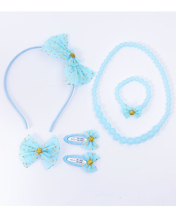 Pine Kids Hair Accessories Combo Set With Bow Applique Free Size Pack of 6 - Aqua Blue