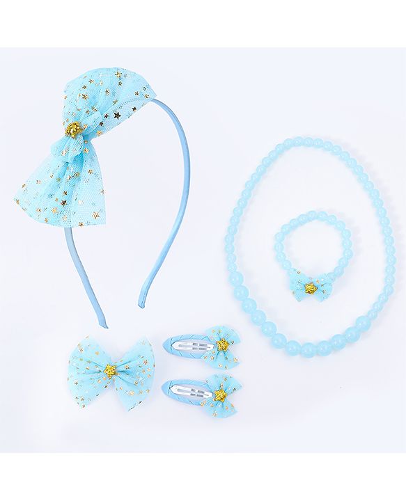 Pine Kids Hair Accessories Combo Set With Bow Applique Free Size Pack of 6 - Aqua Blue