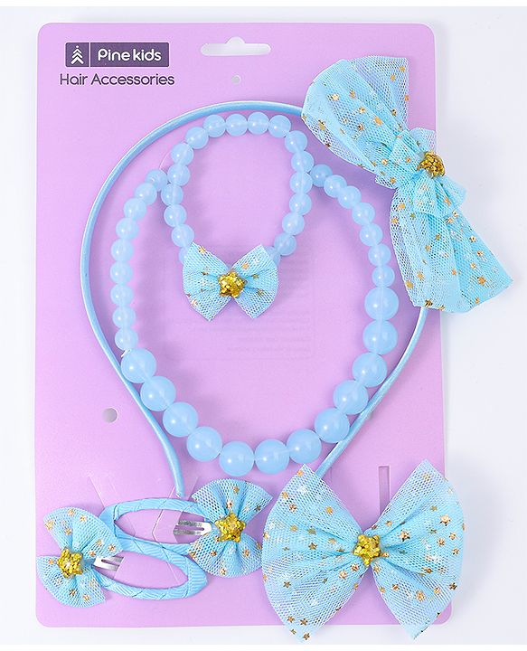 Pine Kids Hair Accessories Combo Set With Bow Applique Free Size Pack of 6 - Aqua Blue