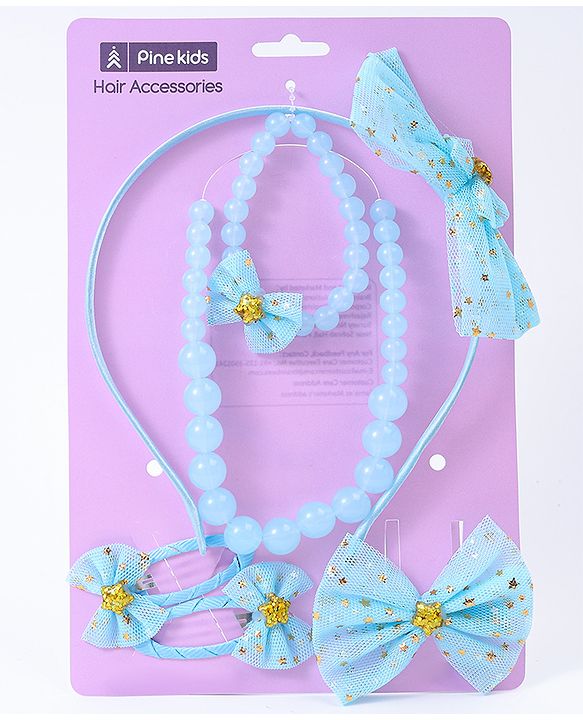 Pine Kids Hair Accessories Combo Set With Bow Applique Free Size Pack of 6 - Aqua Blue