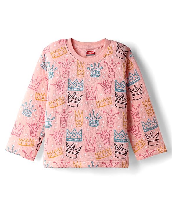 Babyhug Quilted Knit Full Sleeves Winter Wear Co-Ords Night Suit With Crown Print - Pink
