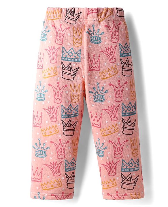Babyhug Quilted Knit Full Sleeves Winter Wear Co-Ords Night Suit With Crown Print - Pink