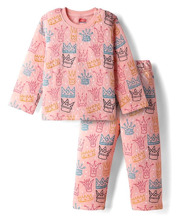 Babyhug Quilted Knit Full Sleeves Winter Wear Co-Ords Night Suit With Crown Print - Pink