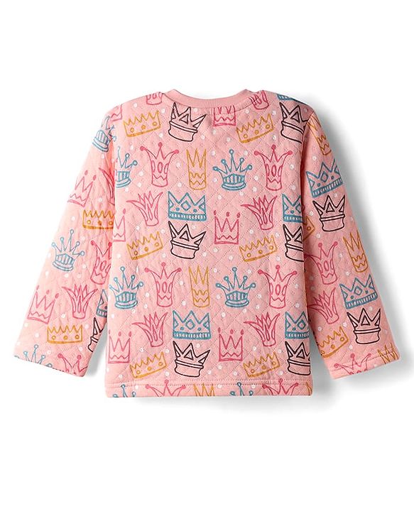 Babyhug Quilted Knit Full Sleeves Winter Wear Co-Ords Night Suit With Crown Print - Pink