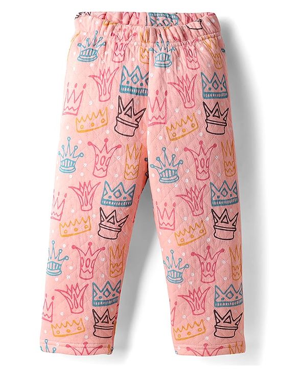 Babyhug Quilted Knit Full Sleeves Winter Wear Co-Ords Night Suit With Crown Print - Pink