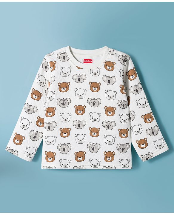 Babyhug Quilted Knit Full Sleeves Winter Wear Co-ords Night Suit With Bear Print - White