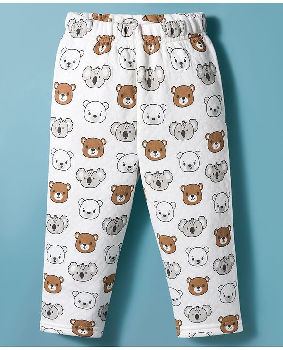 Babyhug Quilted Knit Full Sleeves Winter Wear Co-ords Night Suit With Bear Print - White