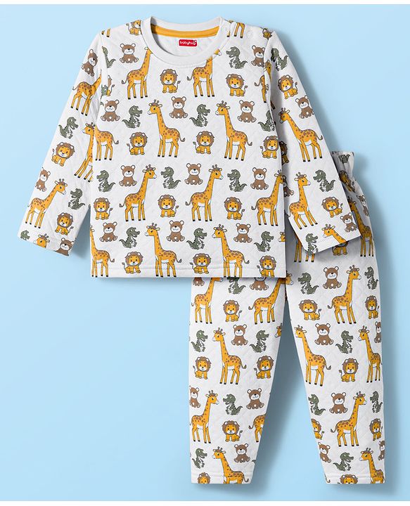 Babyhug Quilted Knit Full Sleeves Winter Wear Co-Ords Night Suit With Animal Print - White