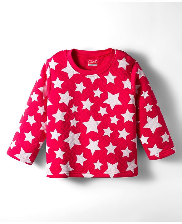 Babyhug Quilted Knit Full Sleeves Co-Ord Winter Night Suit With Star Print - Red