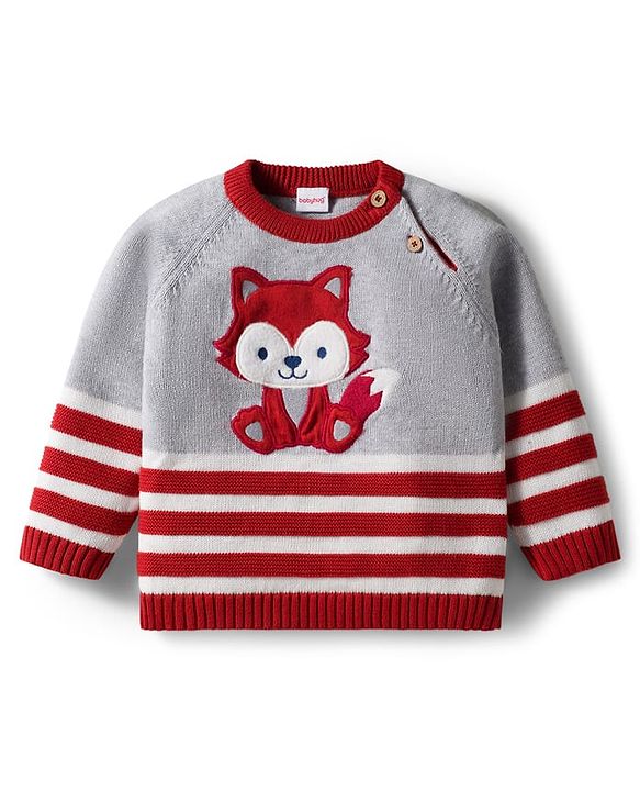 Babyhug Organic Cotton Knit Full Raglan Sleeves Striped Pullover Sweater Set with Cap & Fox Patch Detailing - Red