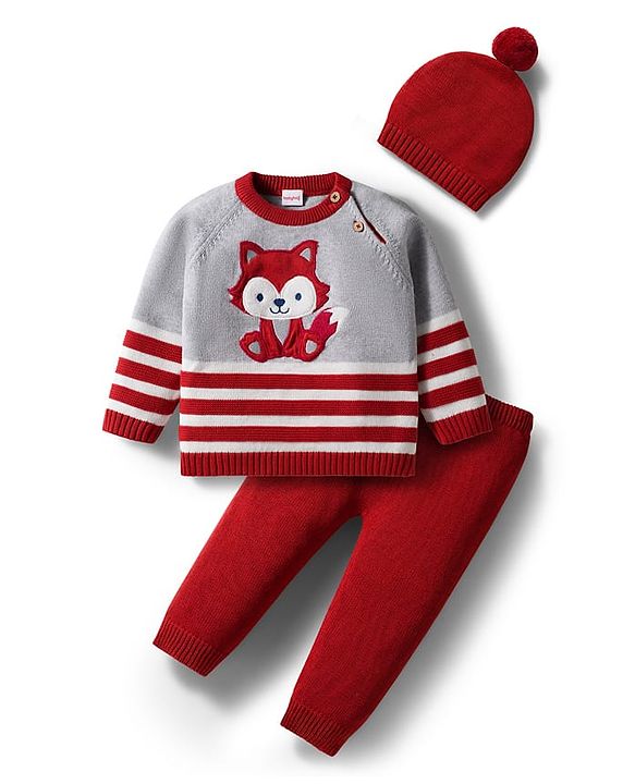 Babyhug Organic Cotton Knit Full Raglan Sleeves Striped Pullover Sweater Set with Cap & Fox Patch Detailing - Red