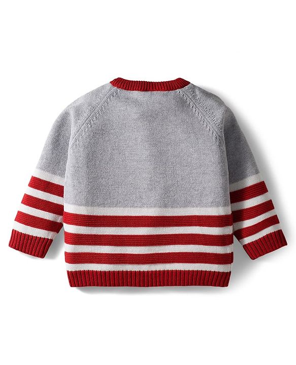 Babyhug Organic Cotton Knit Full Raglan Sleeves Striped Pullover Sweater Set with Cap & Fox Patch Detailing - Red