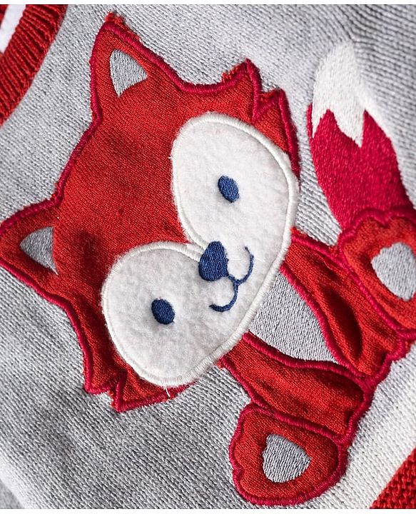 Babyhug Organic Cotton Knit Full Raglan Sleeves Striped Pullover Sweater Set with Cap & Fox Patch Detailing - Red