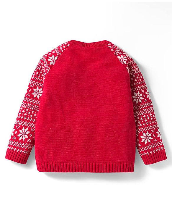 Babyhug Organic Cotton Knit Full Raglan Sleeves Sweater Set with Cap Reindeer Patch & Fair Isle Design - Red