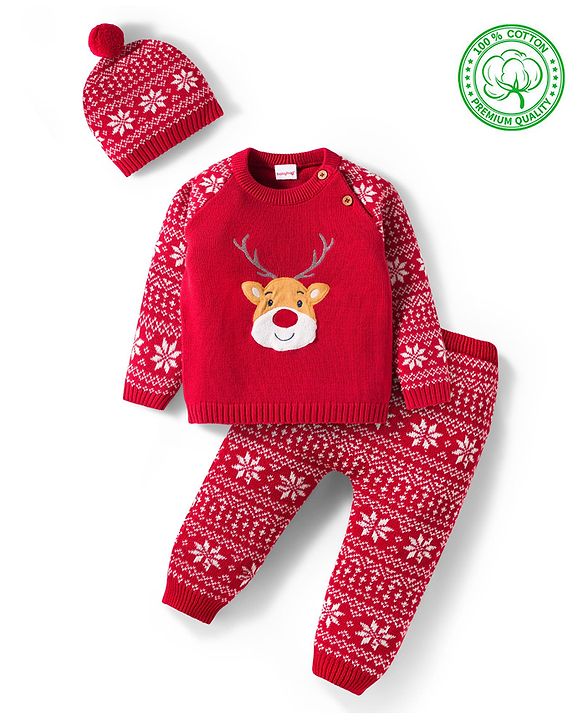 Babyhug Organic Cotton Knit Full Raglan Sleeves Sweater Set with Cap Reindeer Patch & Fair Isle Design - Red