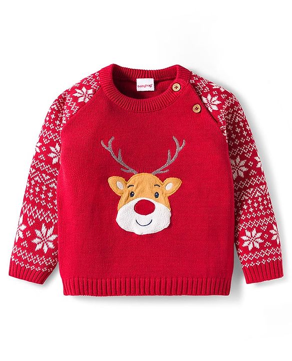 Babyhug Organic Cotton Knit Full Raglan Sleeves Sweater Set with Cap Reindeer Patch & Fair Isle Design - Red