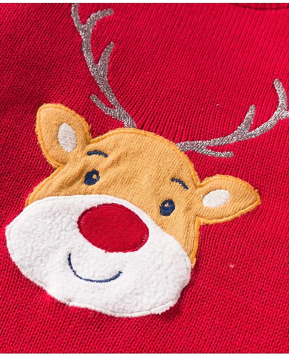 Babyhug Organic Cotton Knit Full Raglan Sleeves Sweater Set with Cap Reindeer Patch & Fair Isle Design - Red