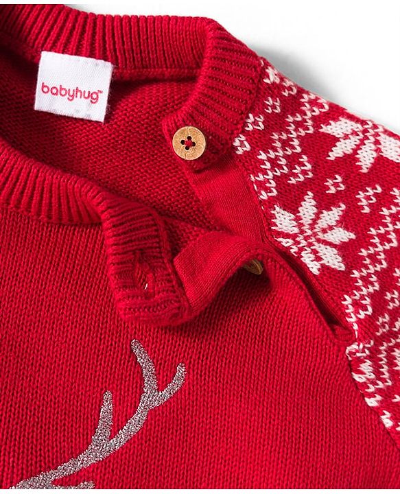 Babyhug Organic Cotton Knit Full Raglan Sleeves Sweater Set with Cap Reindeer Patch & Fair Isle Design - Red