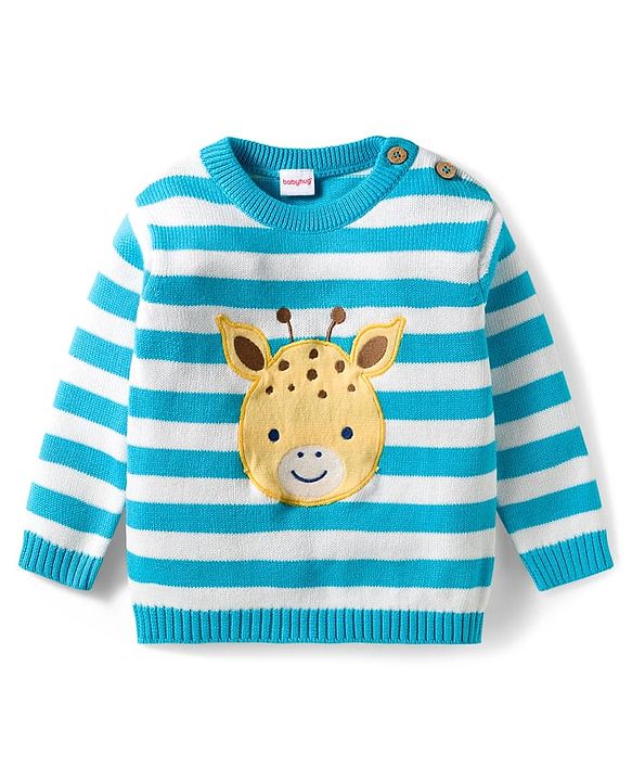 Babyhug Knit Full Sleeves Sweater Set With Animal Embriodery & Cap - Blue