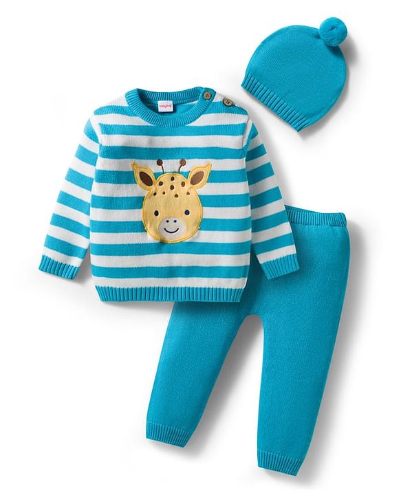 Babyhug Knit Full Sleeves Sweater Set With Animal Embriodery & Cap - Blue