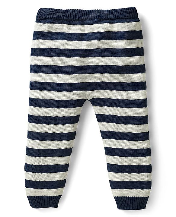 Babyhug Organic Cotton Knit Full Raglan Sleeves Pullover Striped Sweater Set with Cap & Patch Detailing - Navy Blue & Green